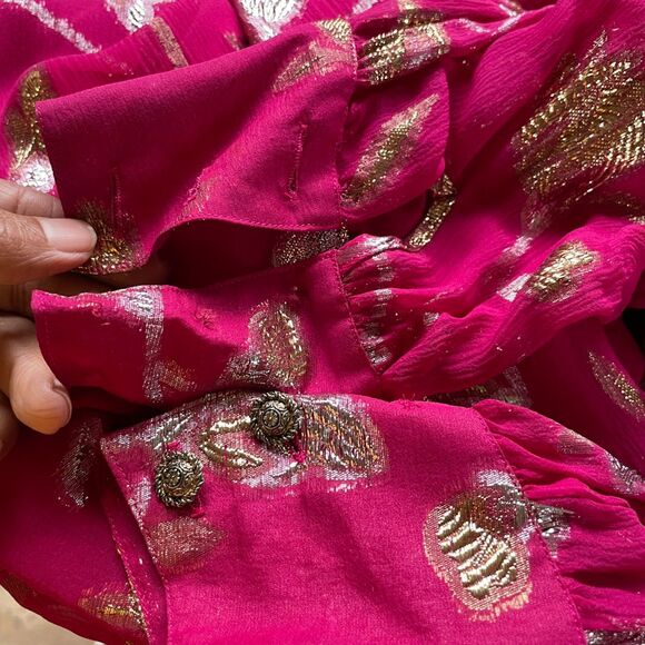 Vintage 80s THE SILK FARM Dolman Long Dress Fuchsia Chiffon Gold Silver Lame S - Picture 12 of 12